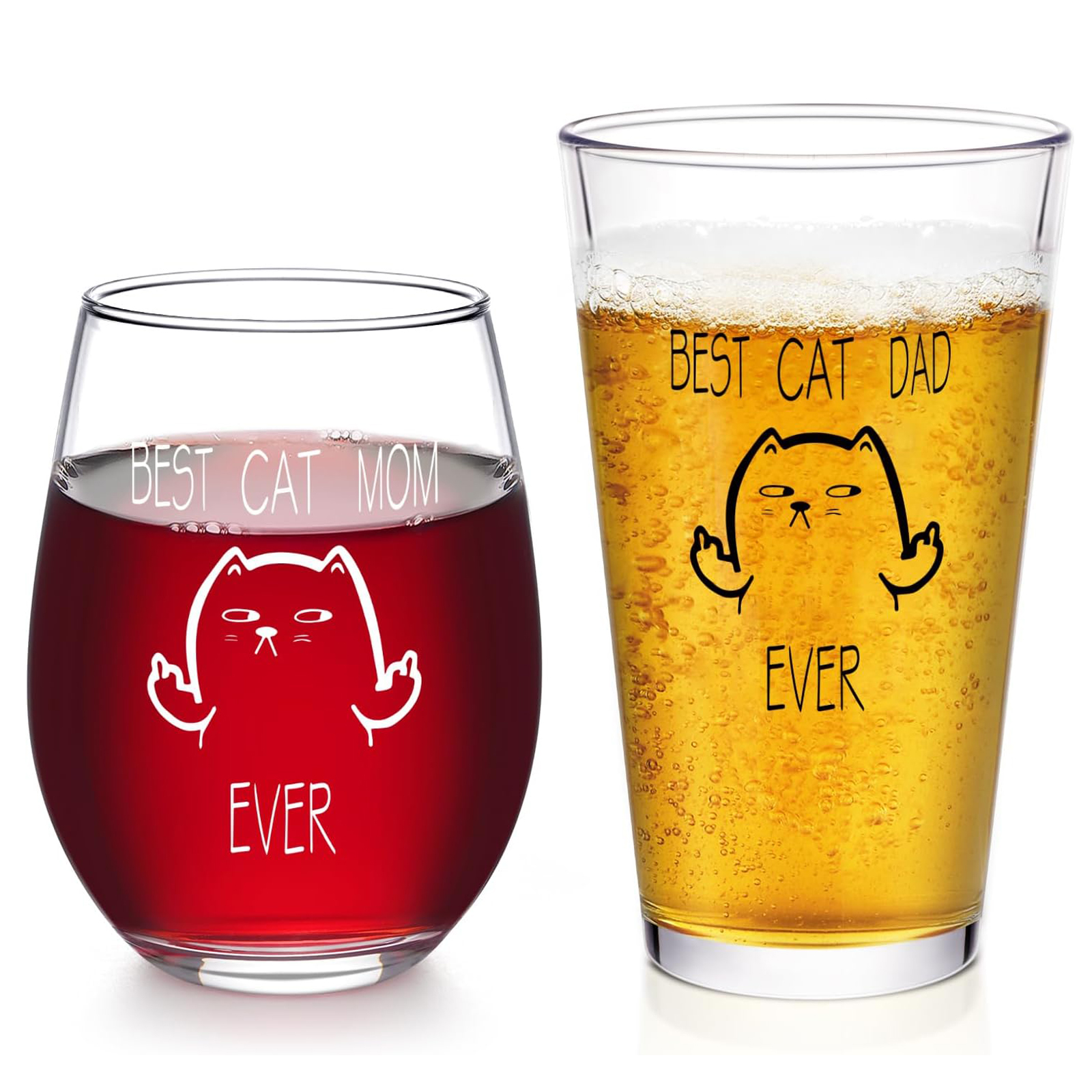 Maustic Funny Mother's Day and Father's Day Stemless Wine Glass and Beer Glass, Cat Mom and Dad Wine Glass and Beer Glass Set, Mom and Dad Gifts for Mothers Day Fathers Day